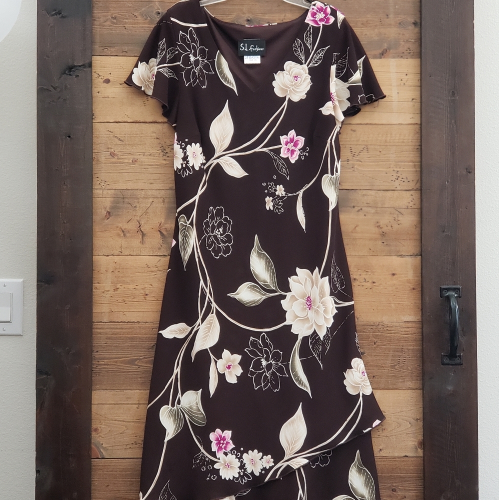 S.L. fashions brown flutter hem dress